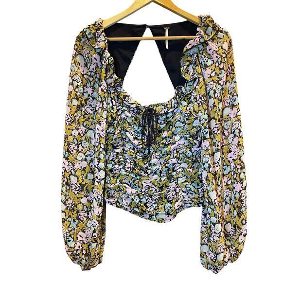 Free People Medium Mabel Balloon Sleeve Ruched Cropped Top Peasant Blouse Floral - Picture 9 of 15